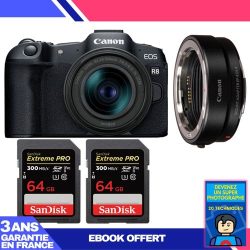 Boitier Canon EOS R8 + RF 24-50mm IS STM + EF-EOS R + 2 SanDisk 64GB Extreme PRO UHS-II SDXC 300 MB/s + Ebook 'Devenez Un Super Photographe'