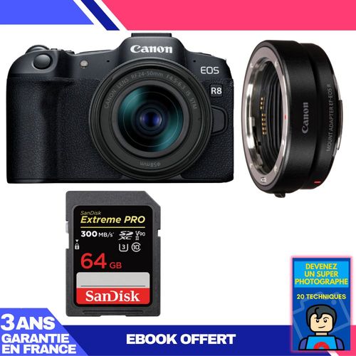 Boitier Canon EOS R8 + RF 24-50mm IS STM + EF-EOS R + 1 SanDisk 64GB Extreme PRO UHS-II SDXC 300 MB/s + Ebook 'Devenez Un Super Photographe'