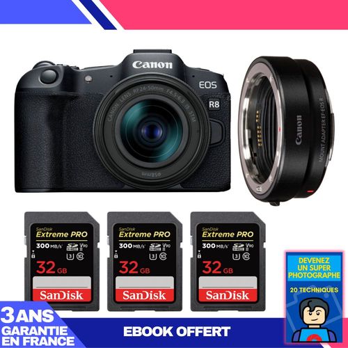 Boitier Canon EOS R8 + RF 24-50mm IS STM + EF-EOS R + 3 SanDisk 32GB Extreme PRO UHS-II SDXC 300 MB/s + Ebook 'Devenez Un Super Photographe'