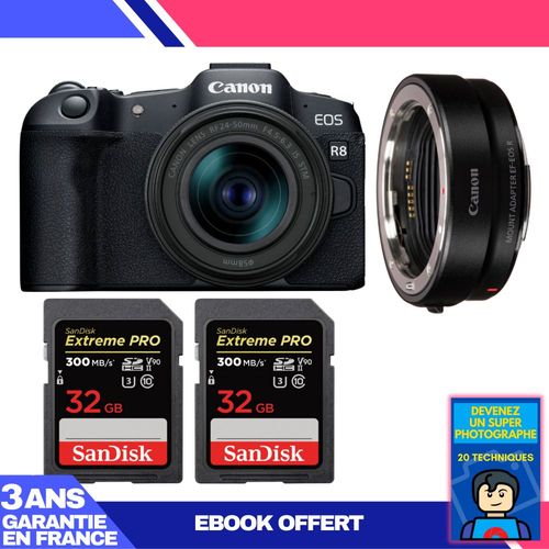 Boitier Canon EOS R8 + RF 24-50mm IS STM + EF-EOS R + 2 SanDisk 32GB Extreme PRO UHS-II SDXC 300 MB/s + Ebook 'Devenez Un Super Photographe'