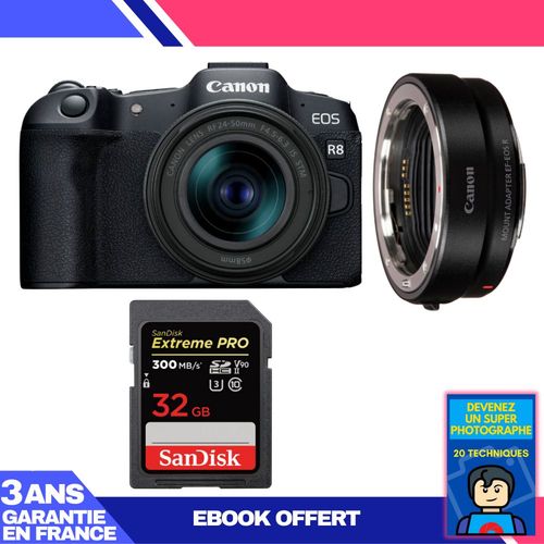 Boitier Canon EOS R8 + RF 24-50mm IS STM + EF-EOS R + 1 SanDisk 32GB Extreme PRO UHS-II SDXC 300 MB/s + Ebook 'Devenez Un Super Photographe'