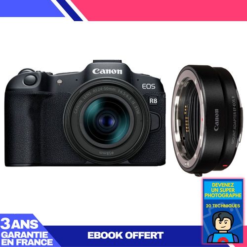 Boitier Canon EOS R8 + RF 24-50mm IS STM + EF-EOS R + Ebook 'Devenez Un Super Photographe'