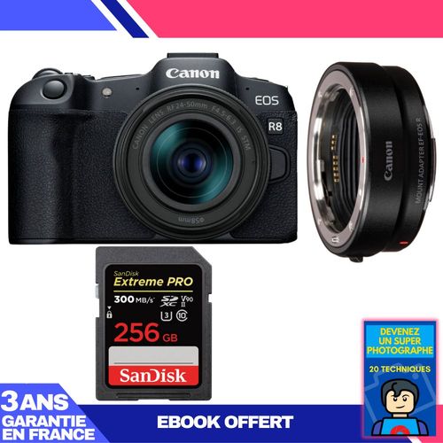 Boitier Canon EOS R8 + RF 24-50mm IS STM + EF-EOS R + 1 SanDisk 256GB Extreme PRO UHS-II SDXC 300 MB/s + Ebook 'Devenez Un Super Photographe'