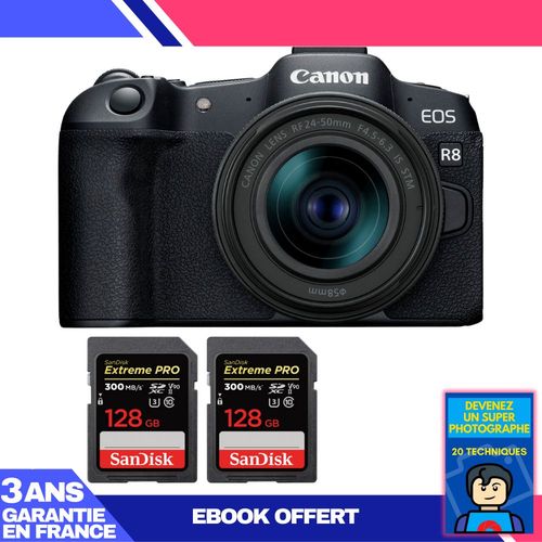 Boitier Canon EOS R8 + RF 24-50mm IS STM + 2 SanDisk 128GB Extreme PRO UHS-II SDXC 300 MB/s + Ebook 'Devenez Un Super Photographe'
