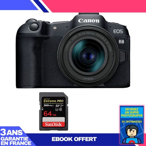 Boitier Canon EOS R8 + RF 24-50mm IS STM + 1 SanDisk 64GB Extreme PRO UHS-II SDXC 300 MB/s + Ebook 'Devenez Un Super Photographe'