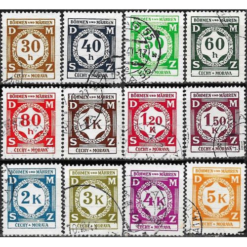 Tchécoslovaquie, Occupation Allemande 1940, Bohème Moravie, Belle Série Complète Timbres De Service Yvert 1 À 12, Valeur Dans Couronne De Feuilles De Chêne, Oblitérés, Tbe.