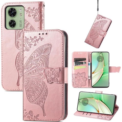 Coque Pour Motorola Edge 40, Antichoc Housse Étui En Cuir Pu Flip Case Portefeuille À Rabat Avec Motif Papillon Porte Carte Fermeture Magnétique Pour Moto Edge 40, Or Rose