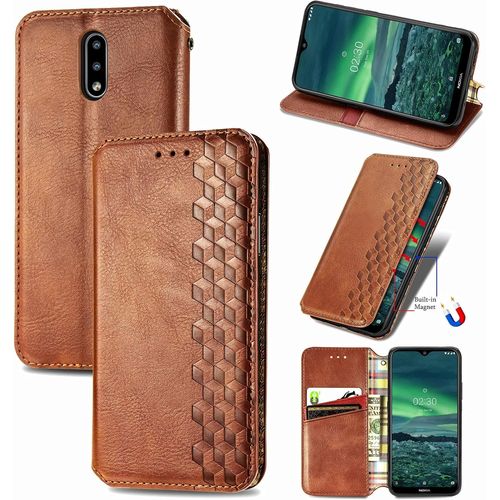 Coque Pour Nokia 2.3, Antichoc Housse Étui En Cuir Flip Case Portefeuille Avec Motif Losange 3d Porte Carte Adsorption Magnétique Pour Nokia 2.3, Marron