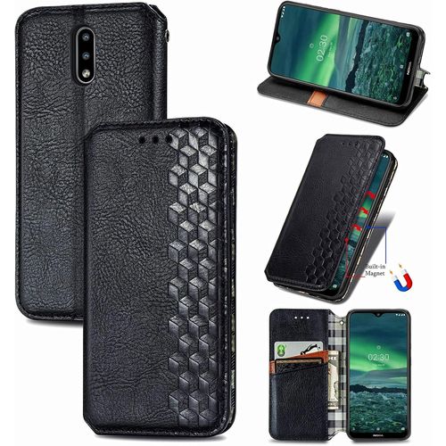 Coque Pour Nokia 2.3, Antichoc Housse Étui En Cuir Flip Case Portefeuille Avec Motif Losange 3d Porte Carte Adsorption Magnétique Pour Nokia 2.3, Noir
