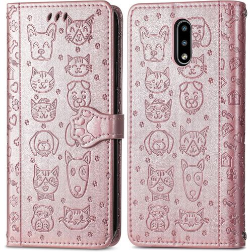 Coque Pour Nokia 2.3, Antichoc Housse Étui En Cuir Pu Flip Case Portefeuille Avec Motif De Chat De Dessin Animé Porte Carte Fermeture Magnétique Pour Nokia 2.3, Or Rose