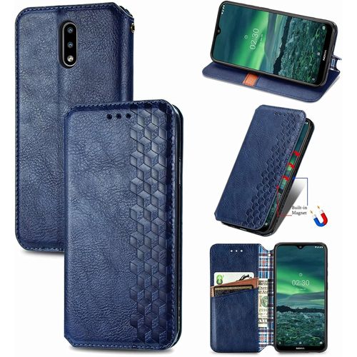Coque Pour Nokia 2.3, Antichoc Housse Étui En Cuir Flip Case Portefeuille Avec Motif Losange 3d Porte Carte Adsorption Magnétique Pour Nokia 2.3, Bleu