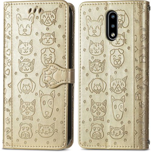 Coque Pour Nokia 2.3, Antichoc Housse Étui En Cuir Pu Flip Case Portefeuille Avec Motif De Chat De Dessin Animé Porte Carte Fermeture Magnétique Pour Nokia 2.3, Or