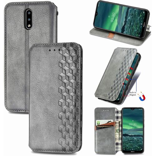 Coque Pour Nokia 2.3, Antichoc Housse Étui En Cuir Flip Case Portefeuille Avec Motif Losange 3d Porte Carte Adsorption Magnétique Pour Nokia 2.3, Gris