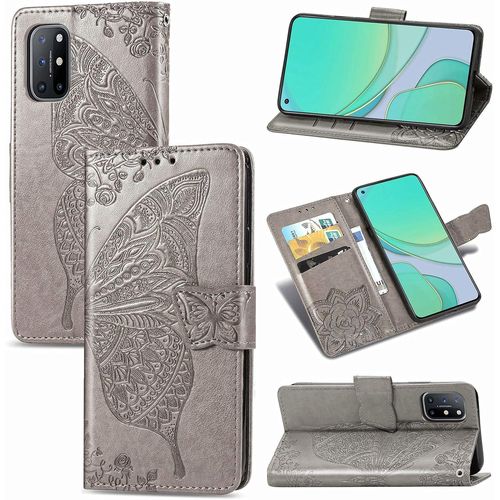 Coque Pour Oneplus 8t, Antichoc Housse Étui En Cuir Pu Flip Case Portefeuille À Rabat Avec Motif Papillon Porte Carte Fermeture Magnétique Pour Oneplus 8t, Gris
