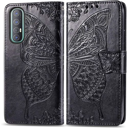 Coque Pour Oppo Find X2 Neo, Antichoc Housse Étui En Cuir Pu Flip Case Portefeuille À Rabat Avec Motif Papillon Porte Carte Fermeture Magnétique Pour Oppo Find X2 Neo, Noir