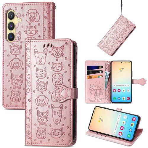 Coque Pour Samsung Galaxy S24+, Antichoc Housse Étui En Cuir Pu Flip Case Portefeuille Avec Motif De Chat De Dessin Animé Porte Carte Magnétique Pour Samsung Galaxy S24 Plus, Or Rose
