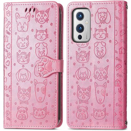 Coque Pour Oneplus 9, Antichoc Housse Étui En Cuir Pu Flip Case Portefeuille Avec Motif De Chat De Dessin Animé Porte Carte Fermeture Magnétique Pour Oneplus 9, Rose