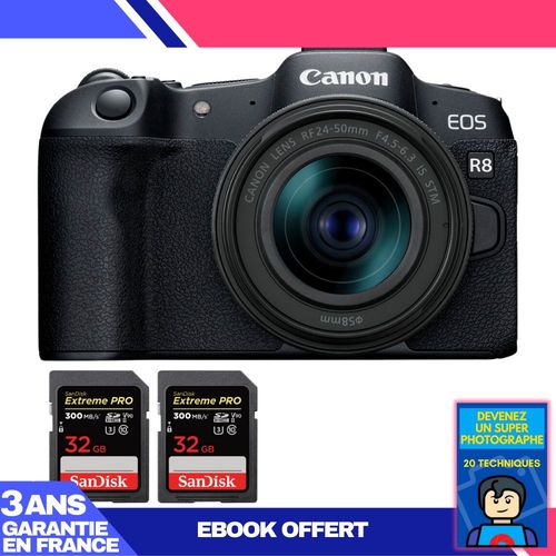 Boitier Canon EOS R8 + RF 24-50mm IS STM + 2 SanDisk 32GB Extreme PRO UHS-II SDXC 300 MB/s + Ebook 'Devenez Un Super Photographe'
