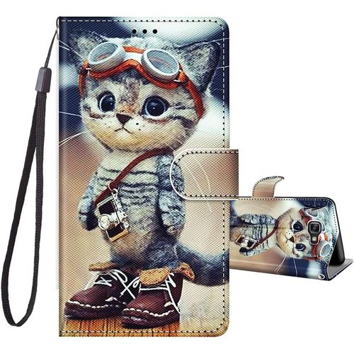 Pour Coque Samsung Galaxy A5 2016, Housse En Cuir Pu Etui À Rabat Clapet Portefeuille De Protection Avec Motif, Porte Carte Et Magnétique Coque Silicone Antichoc, Chat Explorateur