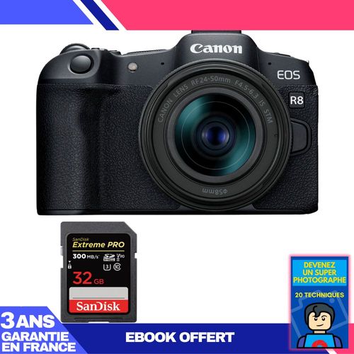 Boitier Canon EOS R8 + RF 24-50mm IS STM + 1 SanDisk 32GB Extreme PRO UHS-II SDXC 300 MB/s + Ebook 'Devenez Un Super Photographe'