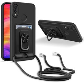 Coque Cordon De Collier Pour Xiaomi Redmi Note 7/Note 7 Pro, 360°Anneau Support Avec Fente Carte Protection De La Caméra Silicone Case-Noir