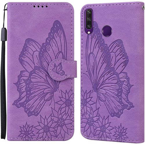 Coque Pour Huawei Y6p 2020, Etui Huawei Y6p 2020 Housse En Cuir Pu Etui À Rabat Clapet Portefeuille De Protection Avec Motif Papillon, Porte Carte Coque Silicone Antichoc, Mauve
