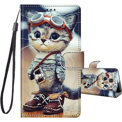 Coque Pour Samsung Galaxy J3 2016, Etui Portefeuille Antichoc Housse Protection Avec Motif, Fonction Support Porte Carte Pu Cuir À Rabat Coque Pour Samsung J3 2016 5,0 Pouces - Chat C