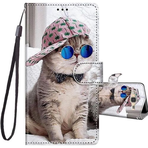 Coque Pour Samsung Galaxy J3 2016, Etui Portefeuille Antichoc Housse Protection Avec Motif, Fonction Support Porte Carte Pu Cuir À Rabat Coque Pour Samsung J3 2016 5,0 Pouces - Chat E