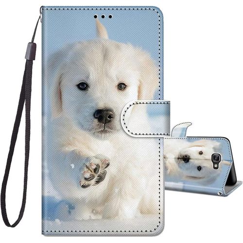 Compatible Avec Coque Samsung Galaxy A5 2016, Housse En Cuir Pu Etui À Rabat Clapet Portefeuille De Protection Avec Motif, Porte Carte Et Magnétique Coque Silicone Antichoc, Chien Blanc