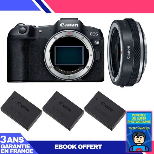 Boitier Canon EOS R8 + EF-EOS R Premium + 3 Canon LP-E17 + Ebook 'Devenez Un Super Photographe'