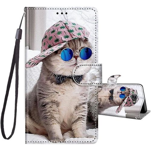 Compatible Avec Coque Samsung Galaxy A5 2016, Housse En Cuir Pu Etui À Rabat Clapet Portefeuille De Protection Avec Motif, Porte Carte Et Magnétique Coque Silicone Antichoc, Chapeau Chat