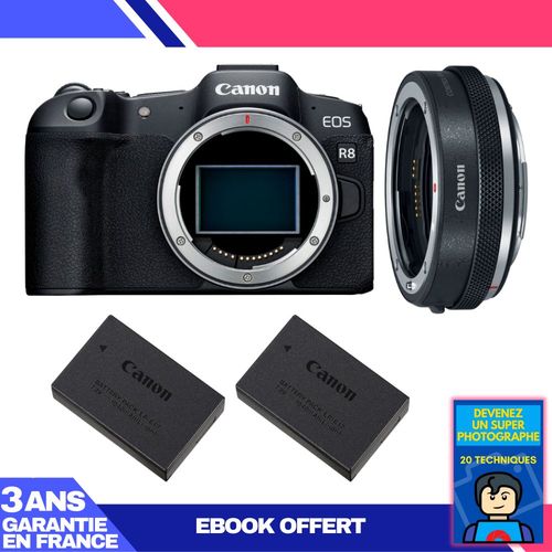 Boitier Canon EOS R8 + EF-EOS R Premium + 2 Canon LP-E17 + Ebook 'Devenez Un Super Photographe'