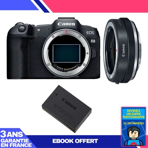 Boitier Canon EOS R8 + EF-EOS R Premium + 1 Canon LP-E17 + Ebook 'Devenez Un Super Photographe'