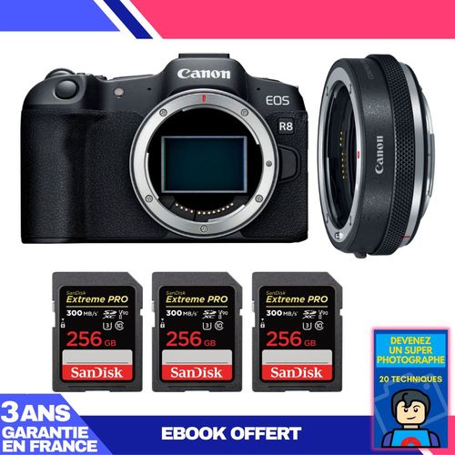 Boitier Canon EOS R8 + EF-EOS R Premium + 3 SanDisk 256GB Extreme PRO UHS-II SDXC 300 MB/s + Ebook 'Devenez Un Super Photographe'