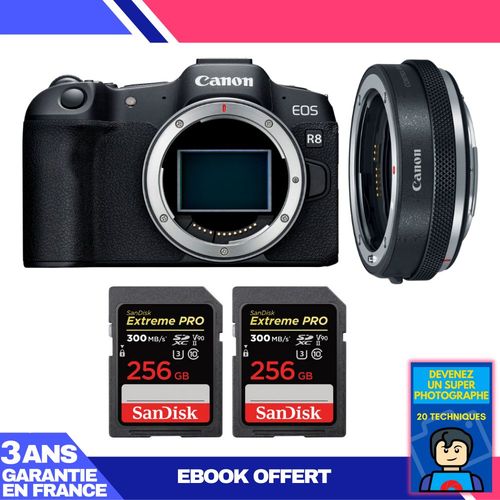 Boitier Canon EOS R8 + EF-EOS R Premium + 2 SanDisk 256GB Extreme PRO UHS-II SDXC 300 MB/s + Ebook 'Devenez Un Super Photographe'