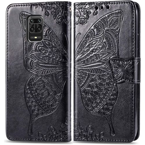 Coque Pour Xiaomi Redmi Note 9s/9 Pro, Antichoc Housse Étui En Cuir Pu Flip Case Portefeuille À Rabat Avec Motif Papillon Porte Carte Fermeture Magnétique Pour Redmi Note 9s, Noir