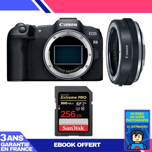 Boitier Canon EOS R8 + EF-EOS R Premium + 1 SanDisk 256GB Extreme PRO UHS-II SDXC 300 MB/s + Ebook 'Devenez Un Super Photographe'