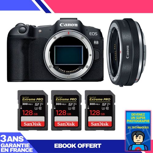 Boitier Canon EOS R8 + EF-EOS R Premium + 3 SanDisk 128GB Extreme PRO UHS-II SDXC 300 MB/s + Ebook 'Devenez Un Super Photographe'