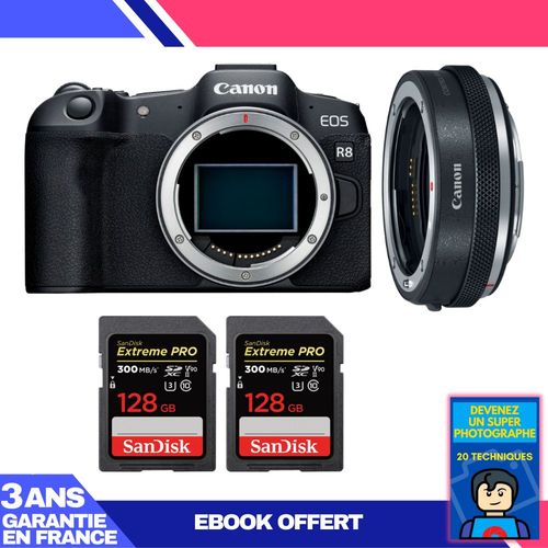 Boitier Canon EOS R8 + EF-EOS R Premium + 2 SanDisk 128GB Extreme PRO UHS-II SDXC 300 MB/s + Ebook 'Devenez Un Super Photographe'
