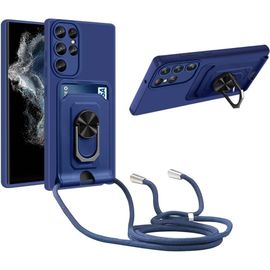 Coque Cordon De Collier Pour Samsung Galaxy S23 Ultra, 360°Anneau Support Avec Fente Carte Protection De La Caméra Silicone Case-Bleu
