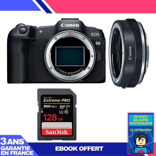 Boitier Canon EOS R8 + EF-EOS R Premium + 1 SanDisk 128GB Extreme PRO UHS-II SDXC 300 MB/s + Ebook 'Devenez Un Super Photographe'