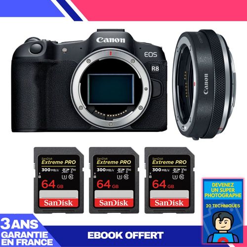 Boitier Canon EOS R8 + EF-EOS R Premium + 3 SanDisk 64GB Extreme PRO UHS-II SDXC 300 MB/s + Ebook 'Devenez Un Super Photographe'