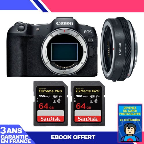 Boitier Canon EOS R8 + EF-EOS R Premium + 2 SanDisk 64GB Extreme PRO UHS-II SDXC 300 MB/s + Ebook 'Devenez Un Super Photographe'