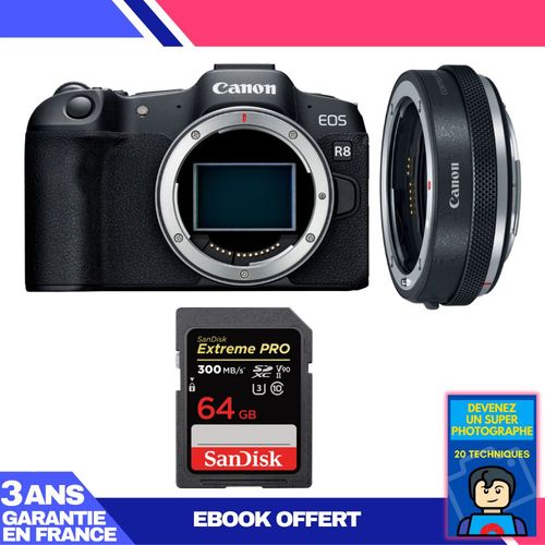 Boitier Canon EOS R8 + EF-EOS R Premium + 1 SanDisk 64GB Extreme PRO UHS-II SDXC 300 MB/s + Ebook 'Devenez Un Super Photographe'
