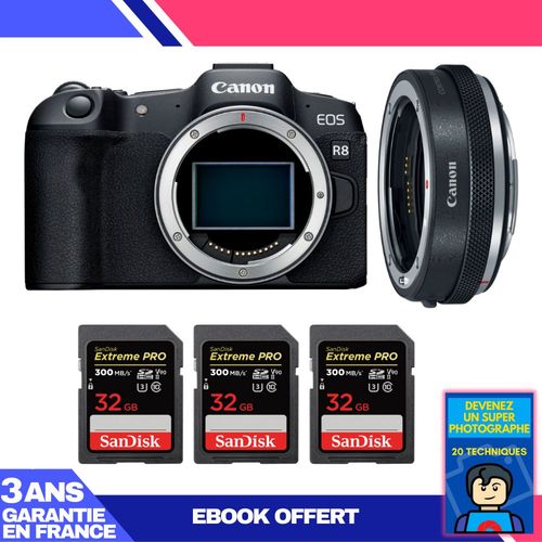 Boitier Canon EOS R8 + EF-EOS R Premium + 3 SanDisk 32GB Extreme PRO UHS-II SDXC 300 MB/s + Ebook 'Devenez Un Super Photographe'