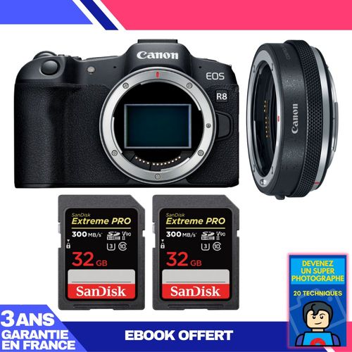 Boitier Canon EOS R8 + EF-EOS R Premium + 2 SanDisk 32GB Extreme PRO UHS-II SDXC 300 MB/s + Ebook 'Devenez Un Super Photographe'