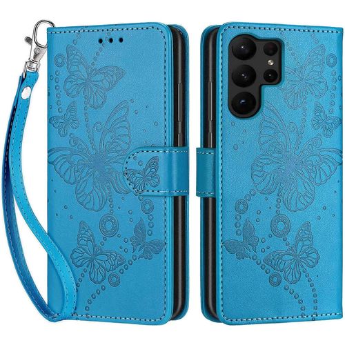 Coque Pour Samsung Galaxy S23 Ultra Etui Bleu Cuir Matt Pu Flip Cover Protection Antichoc Portefeuille Housse Avec Fermeture Magnétique Carte Fentes Stand Fonction Motif Papillon Gaufré