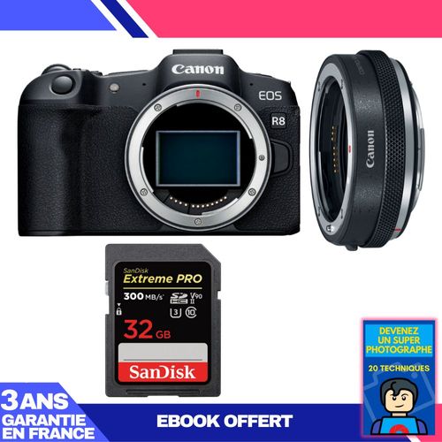 Boitier Canon EOS R8 + EF-EOS R Premium + 1 SanDisk 32GB Extreme PRO UHS-II SDXC 300 MB/s + Ebook 'Devenez Un Super Photographe'