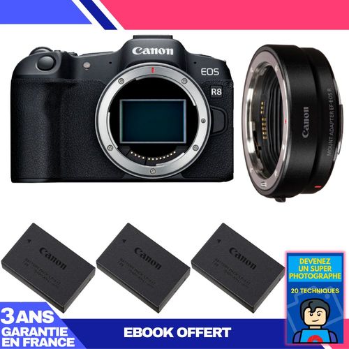 Boitier Canon EOS R8 + EF-EOS R + 3 Canon LP-E17 + Ebook 'Devenez Un Super Photographe'