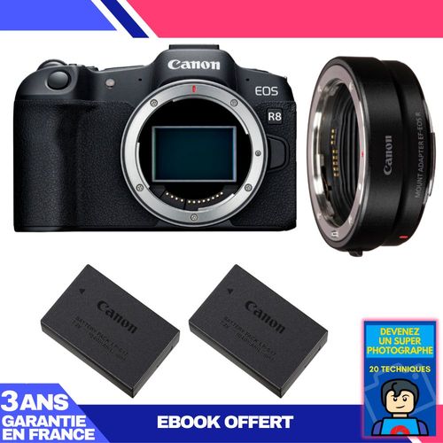 Boitier Canon EOS R8 + EF-EOS R + 2 Canon LP-E17 + Ebook 'Devenez Un Super Photographe'